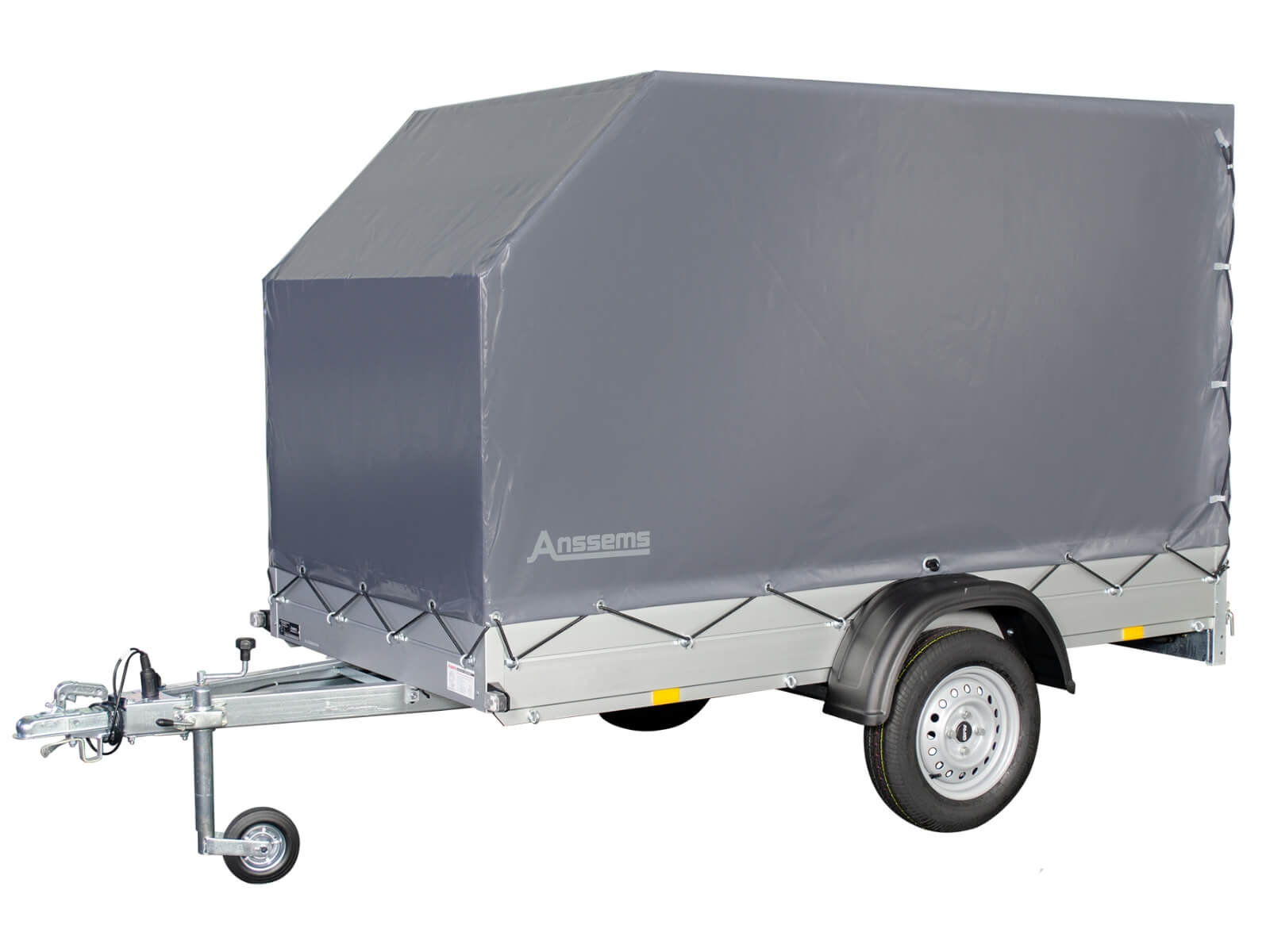 Aanhangwagen met complete antracietkleurige huif, ideaal voor transport en bescherming.