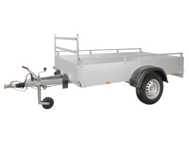 Stalen aanhangwagen met laadbak en zijpanelen voor transport.
