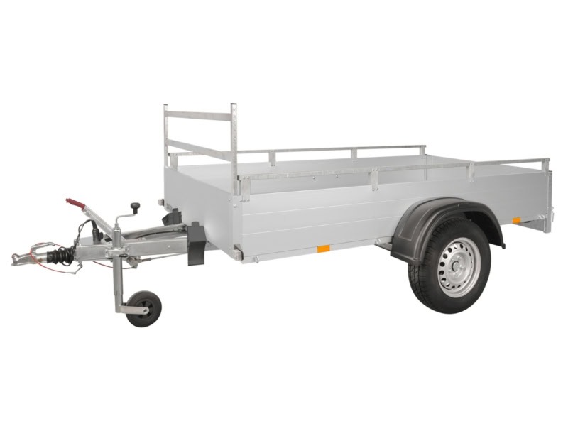 Stalen aanhangwagen met laadbak en zijpanelen voor transport.