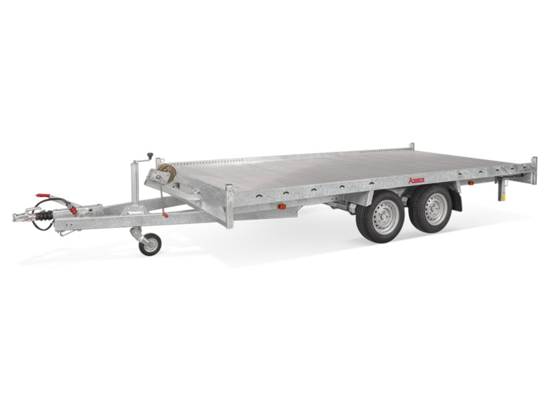 Veetrailer voor aanhangwagen met dubbele as en stevige constructie.