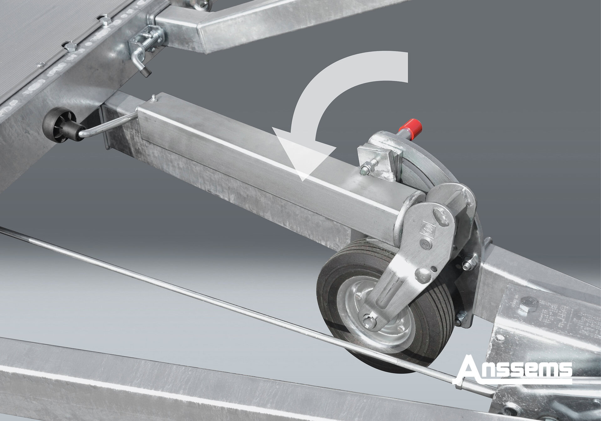 Kantelbaar neuswiel voor aanhangwagen met eenvoudig te bedienen mechanisme.