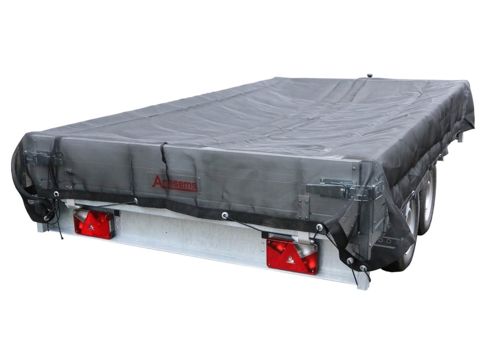 Aanhangwagen met fijnmazig bindnet voor veilig en stevig afdekken.