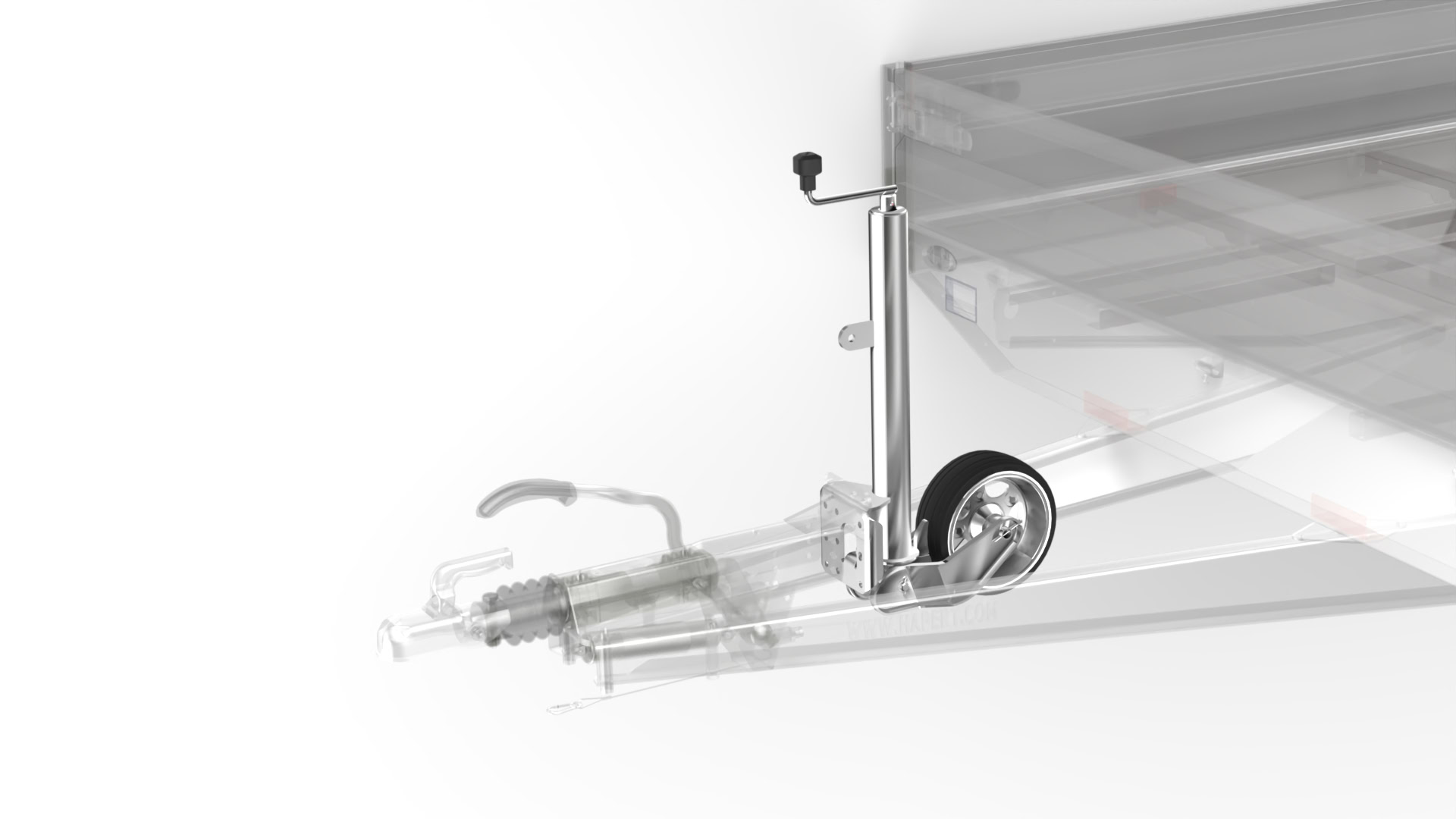 Zwaar neuswiel van 500kg voor aanhangwagens, robuuste constructie.