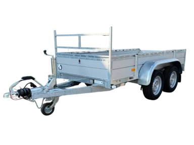 Veetrailer met dubbele assen en laadbak.