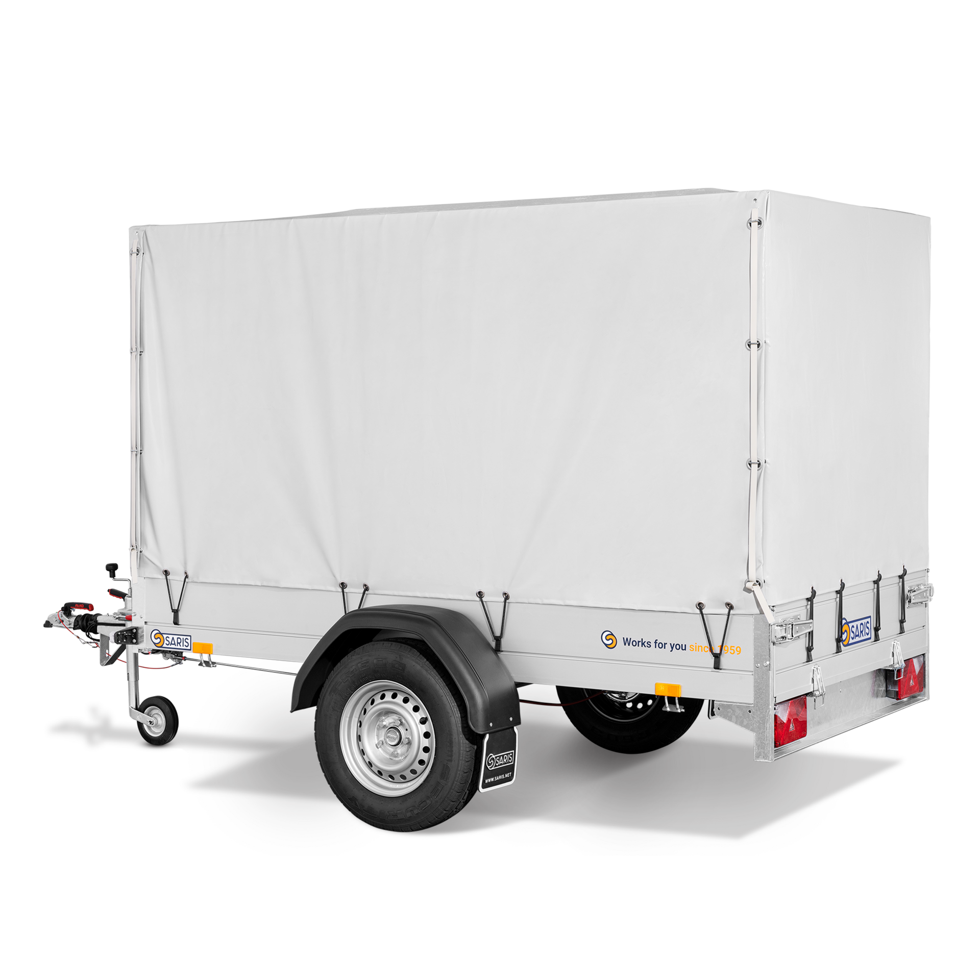 Veetrailer met witte afdekzeil voor transport en opslag.