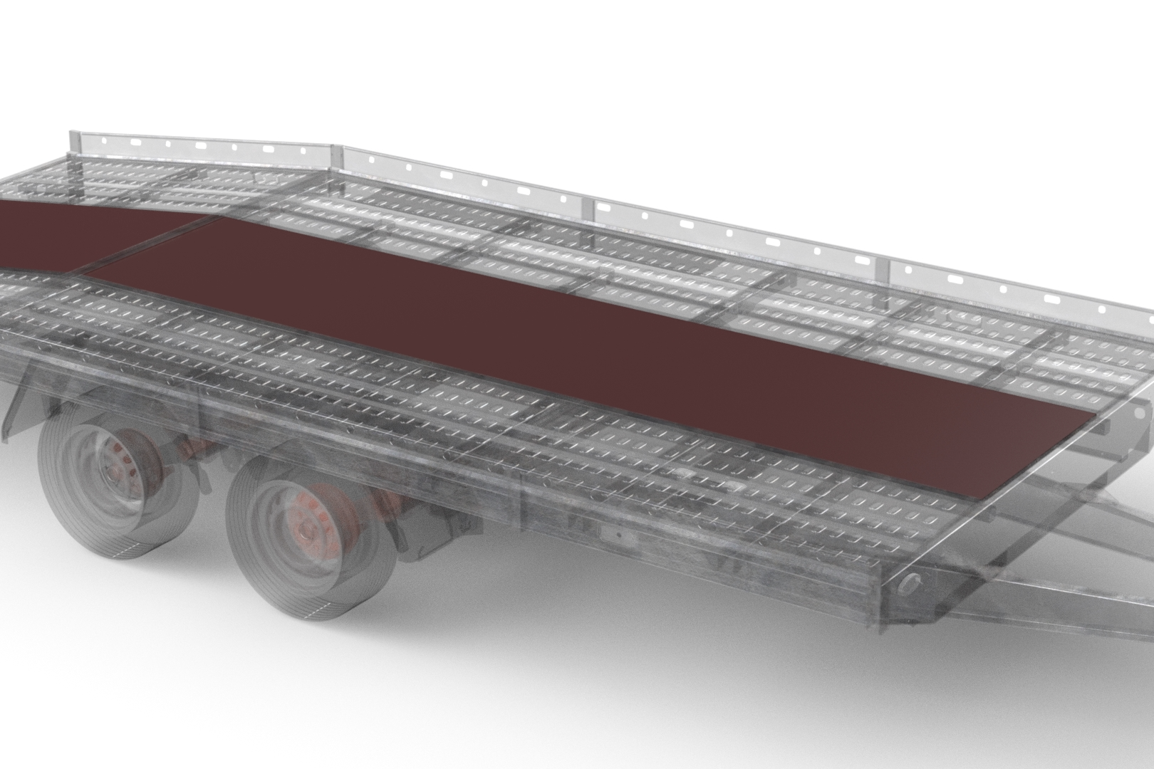 Multiplex houten vloer op stalen aanhangwagen voor transport.