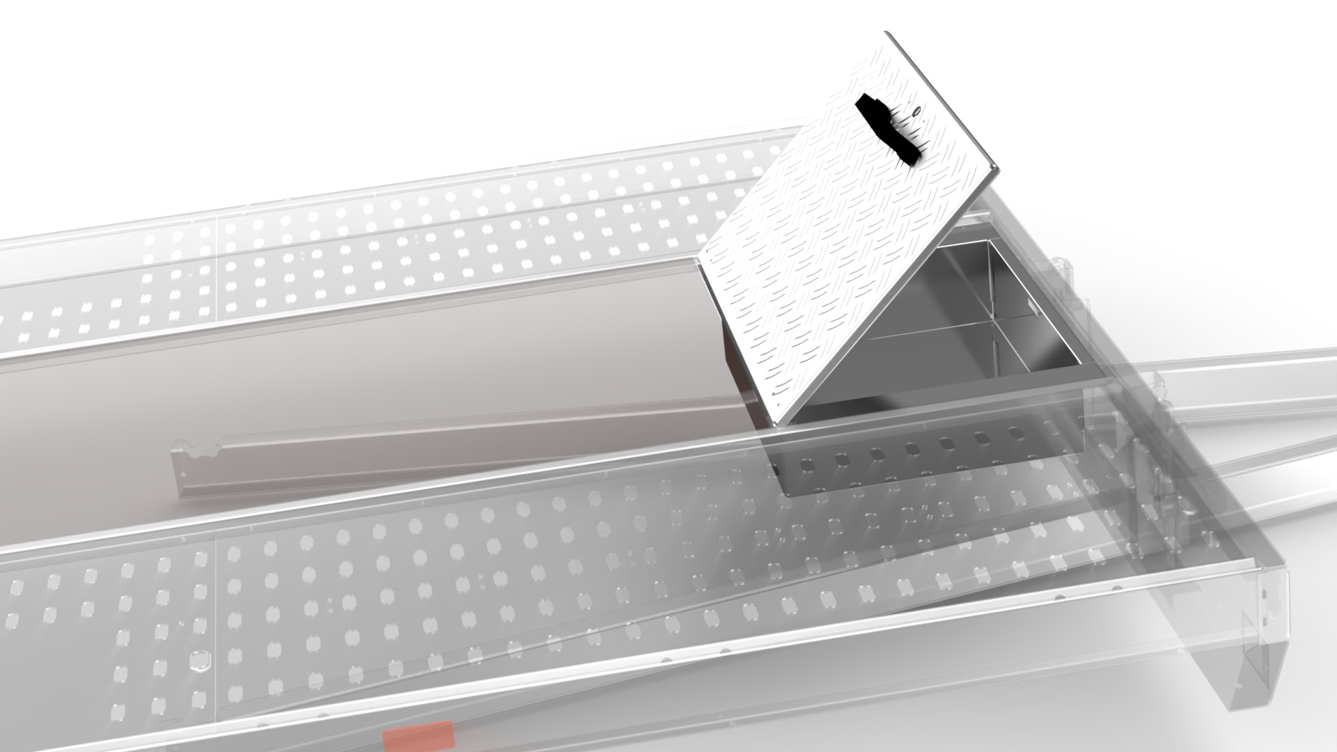 Opbergkist voorzijde met deksel open, geschikt voor opslag.