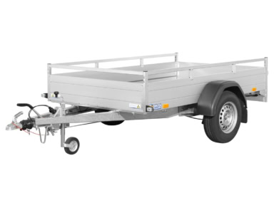 Veetrailer voor aanhangwagen met lage zijwanden en stevige constructie.