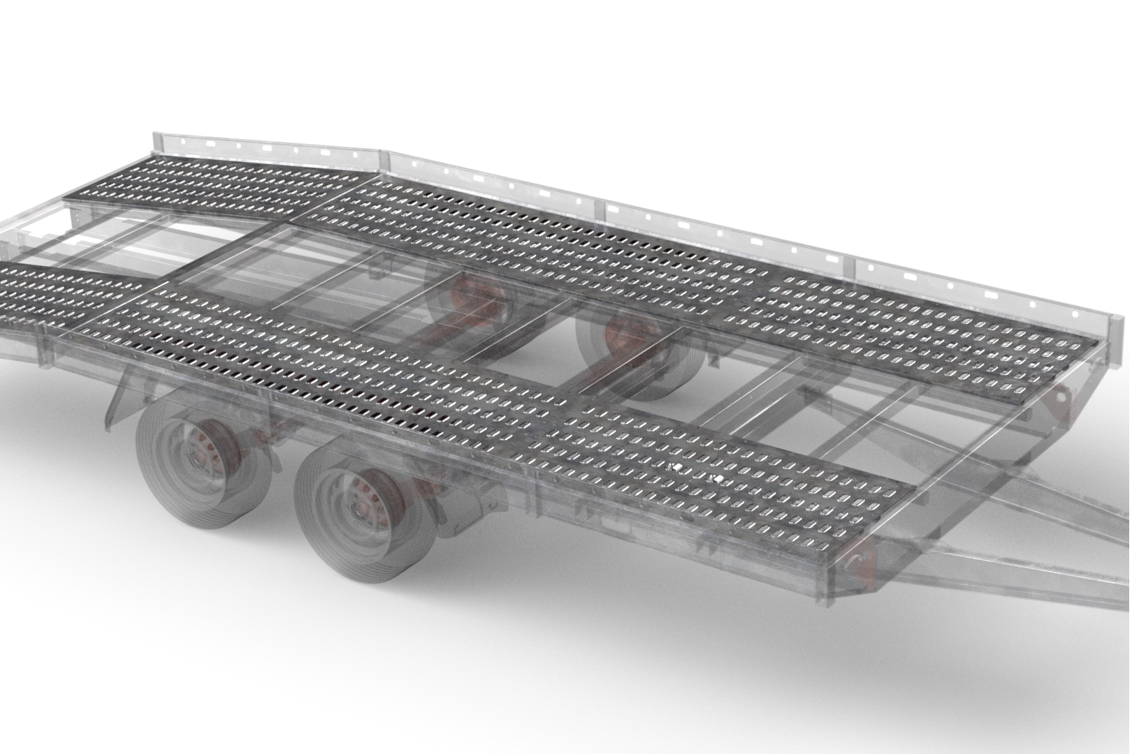 Stalen aanhangwagen met ovale gaten zonder tussendeel voor transport.