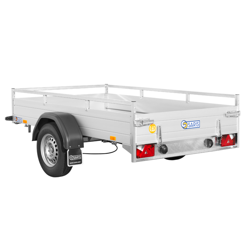 Wit veetrailer met zijpanelen en verlichting voor transport.